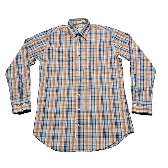 Peter Millar Mens Size M Blue/Brown Plaid Long Sleeve‎ Button Down Shirt - Picture 1 of 9